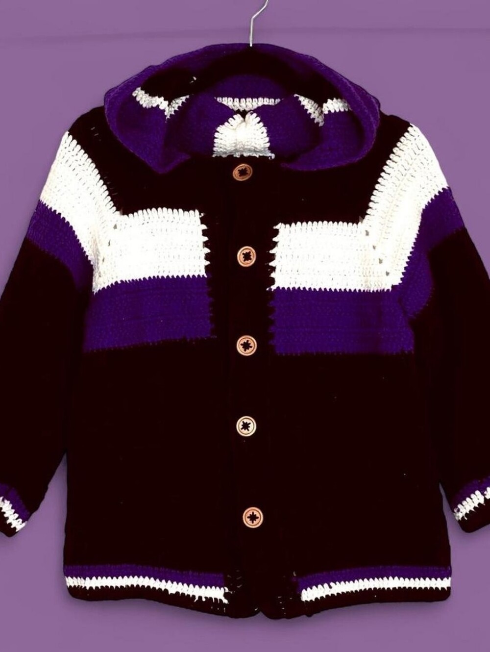 Handmade Black And Purple Hooded Cardigan